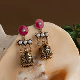 Gold Plated Round Shaped Enamel With Pearl Studded Fashion Antique Jhumki Earring