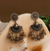 Gold Plated Floral Designed Stone & Enamel Artwork Antique Jhumki Earring