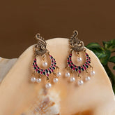 Gold Plated Peacock Designed Enamel Artwork With Dangling Pearl Antique Earring