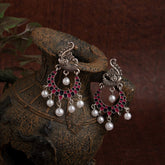Silver Plated Peacock Designed Enamel Artwork With Dangling Pearl Antique Earring