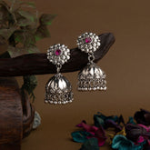 Silver Plated Floral Designed Artwork Stone Studded Antique Jhumki Earring