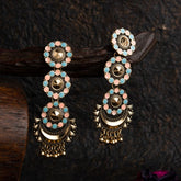 Antique Gold Plated Dual Colored Floral Enamel Design With Chandbali Shaped Hanging Beads Fashion Earring
