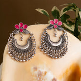 Silver Plated Floral Enamel Artwork Chandbali Style With Beads Fashion Antique Oxidised Earring