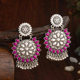 Oxidised Silver Plated Flower Shape Kundan Studded Antique Earring