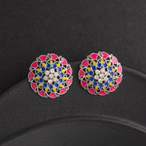Oxidized Silver Plated Flower Shape Enamel Artwork Stone Studded Antique Earring