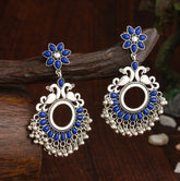 Oxidised Silver Plated Floral Peacock Designed Kundan Studded With Beads Antique Fashion Earring