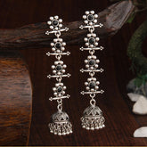 Oxidised Silver Plated Stone Studded Four Layered Flower Linked With Antique Jhumka Earring