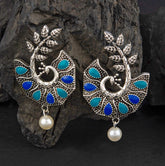 Silver Plated Peacock Designed Dual Enamel Work With Hanging Pearl Fashion Antique Earring