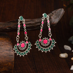 Silver Plated Dual Colored Enamel Designed Artwork Fashion Antique Earring- AER 2211