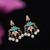 Antique Gold /Silver Plated Enamel Lotus Designed Dangling Pearl Earring