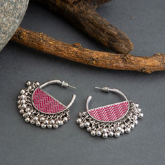 Silver Plated Semi Circle Shaped Enamel Artwork Design With Beads Fashion Antique Earring- AER 1631