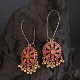 Gold Plated Long Hook Closure Hanging Floral Dual Colored Enamel Artwork With Beads Fashion Antique Earring