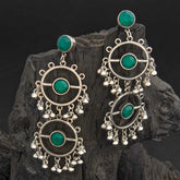 Silver Plated Round Shaped Two Layered Designed Stone Studded With Beads Fashion Antique Earring