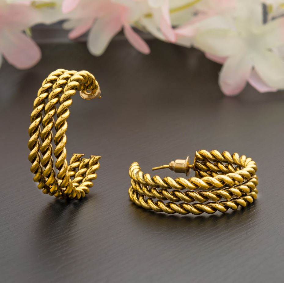Silver / Gold / Antique Gold Plated Triple Half Circle Twisted Shaped Fashion Hoops Earring- HER 2265