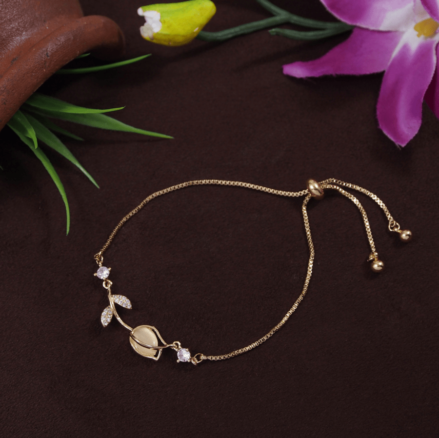 Korean Gold /Rosegold /Silver Plated Floral Leaf Design CZ Adjustable Bracelet- KRNBR 3766