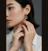 Silver Plated Geometric Shaped Enamel Artwork With Dangling Chain Fashion Antique Earring