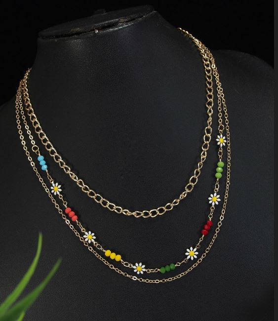 Gold Plated Multi Layered Colourful Beads Flower Necklace -MLNK 4801