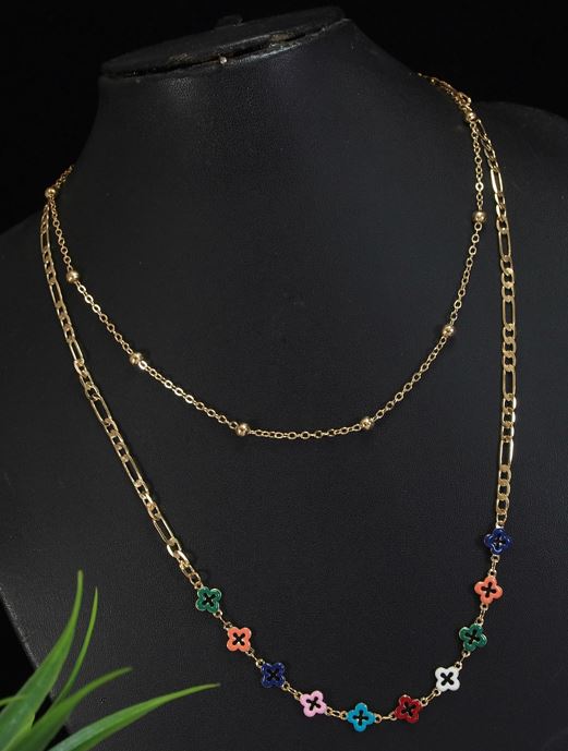 Gold Plated Multi Layered Colourful Clover Necklace - MLNK 4804