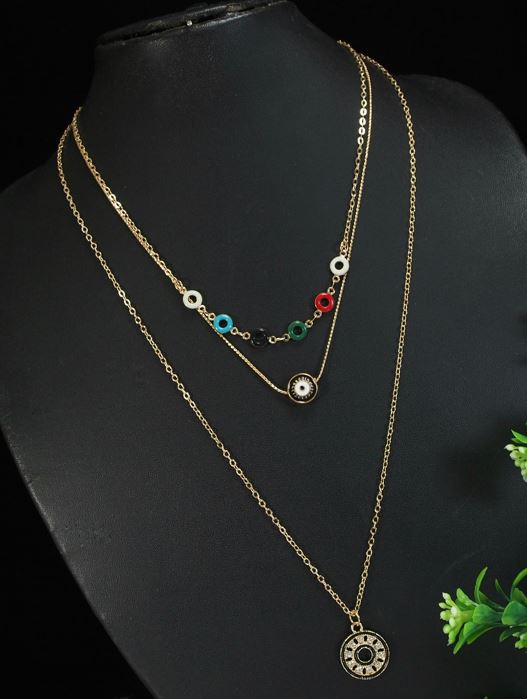 Gold Plated Multi Layered Colourful Small Circle Chain Necklace - MLNK 4805
