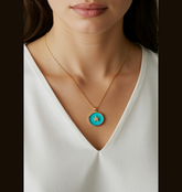 Gold Plated CZ American Diamond Round Shaped Turquoise Enamel Star Designed Pendant Necklace- CZNK 1143