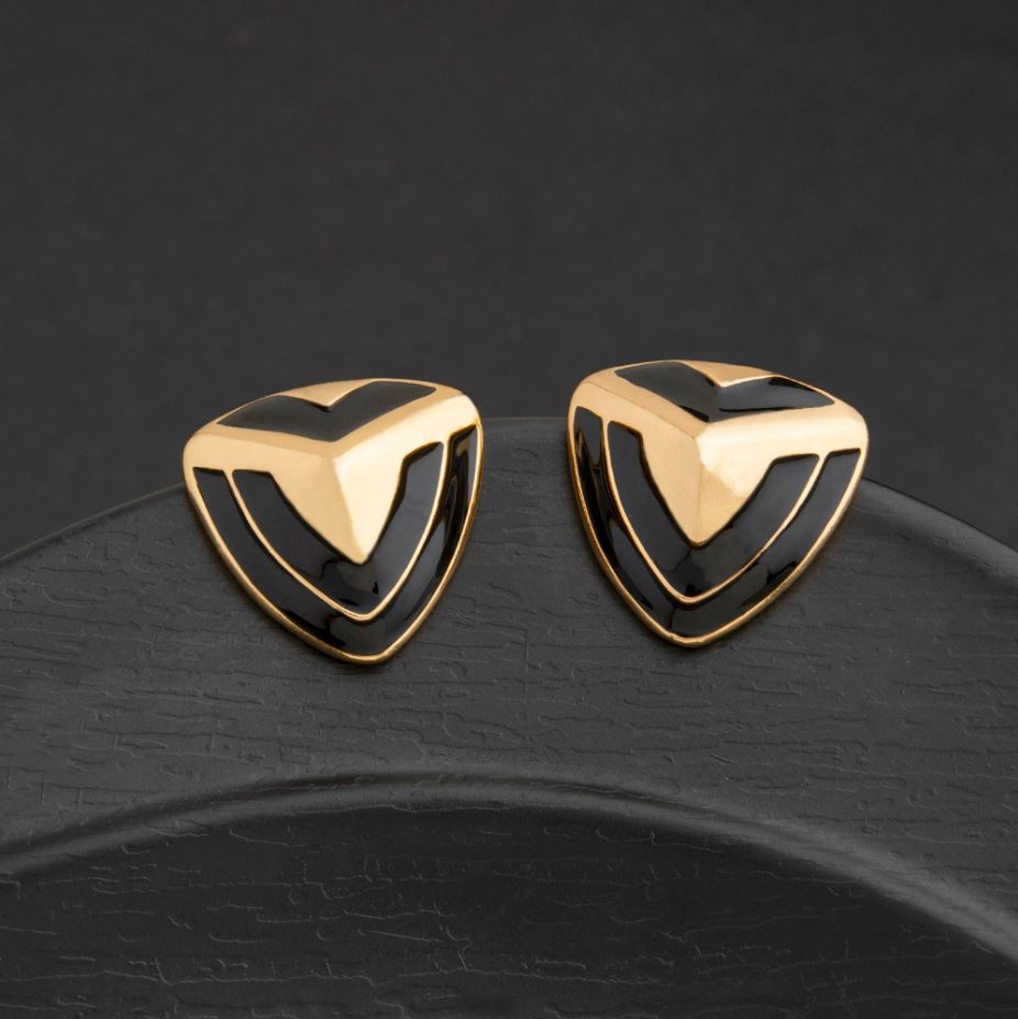 Gold Plated Triangle Pyramid Shaped Enamel Artwork Stud Earrings-STER 2231