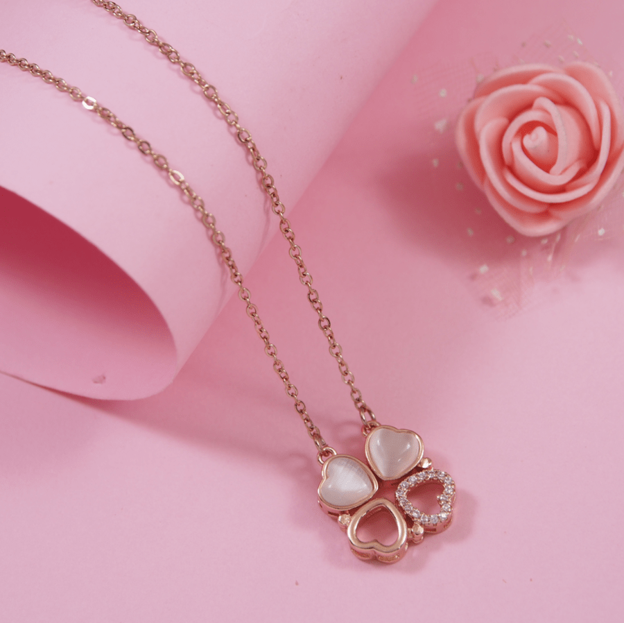 Stainless Steel Gold/Rosegold/Silver Plated CZ Fashion Four-Leaf Clover Necklace Heart-Shaped Folding Magnetic Pendant- STNK 3928