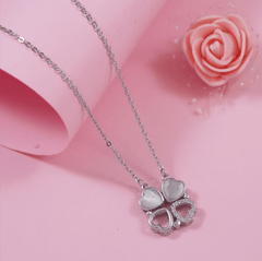 Stainless Steel Gold/Rosegold/Silver Plated CZ Fashion Four-Leaf Clover Necklace Heart-Shaped Folding Magnetic Pendant- STNK 3928