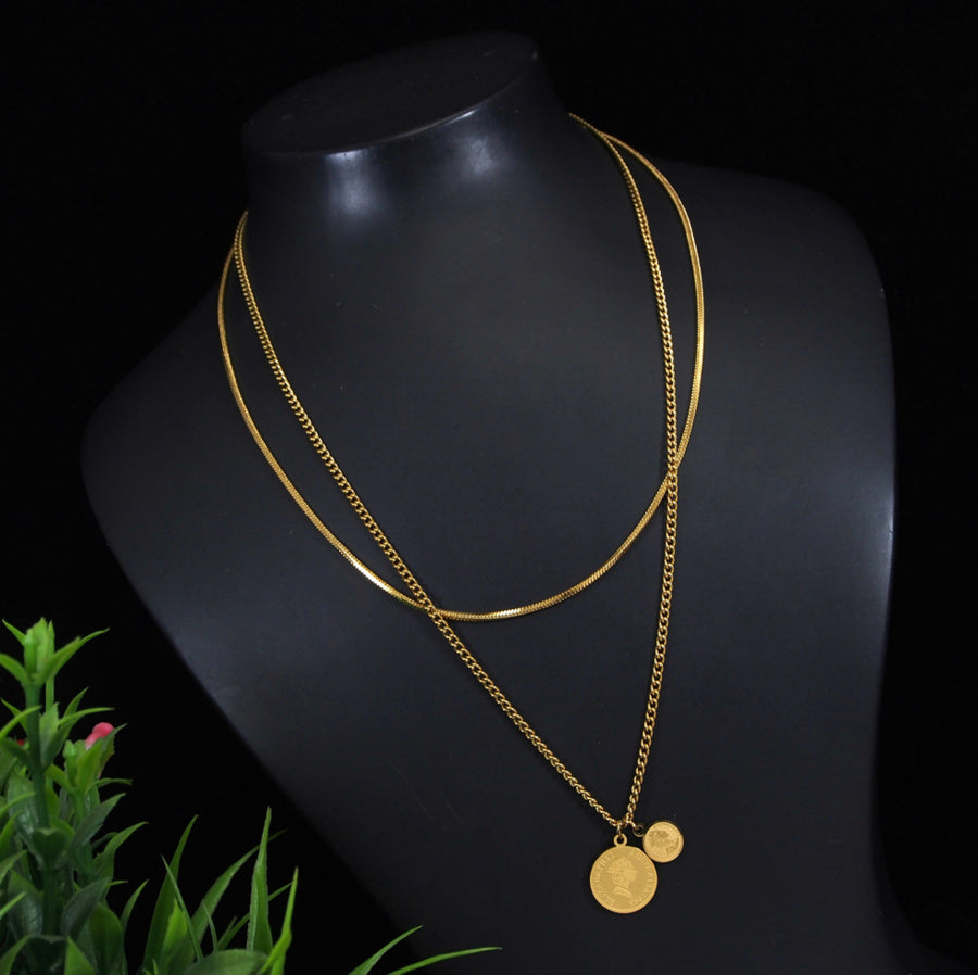 Stainless Steel Gold/Rosegold Plated Layered Coin Necklace- STNK 3970
