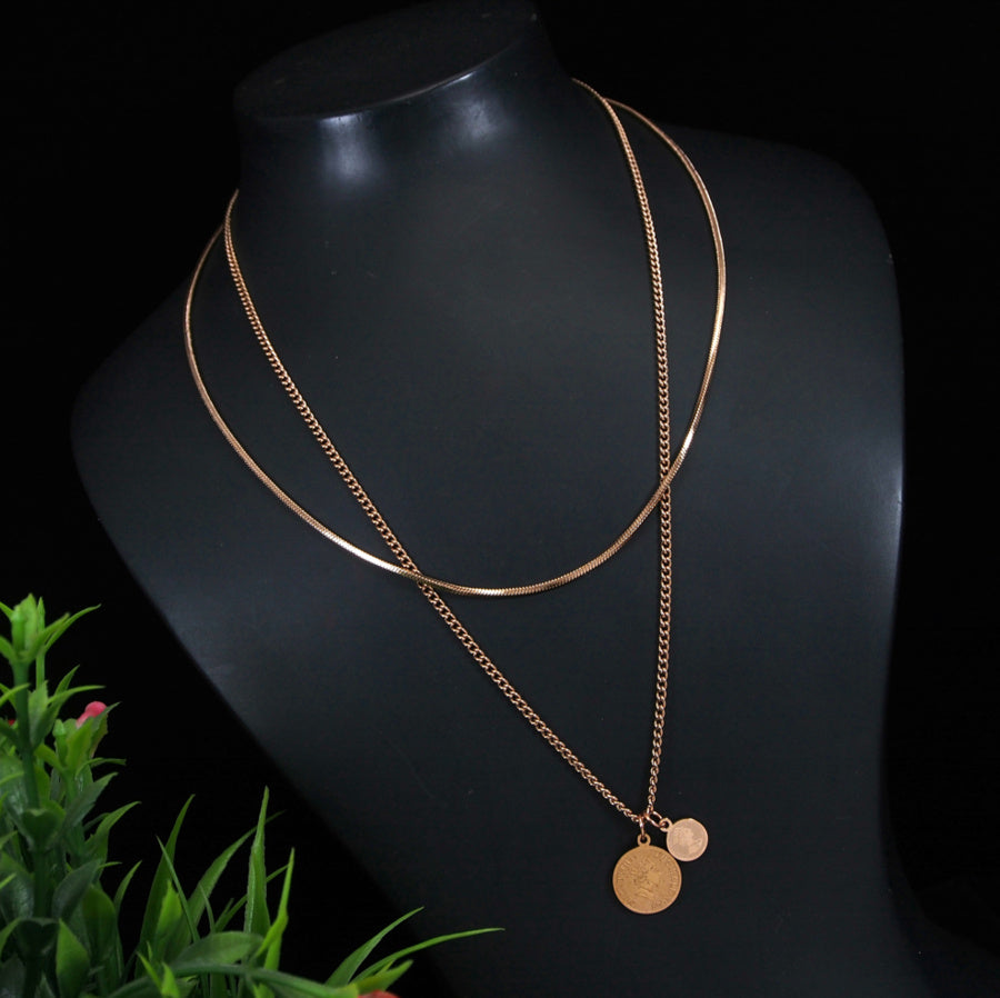 Stainless Steel Gold/Rosegold Plated Layered Coin Necklace- STNK 3970