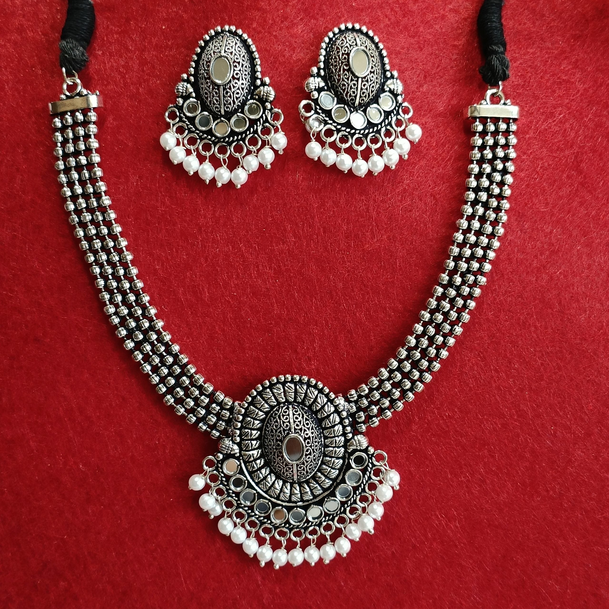 Silver Oxidised Plated Mirror Studded Pearl Choker Necklace Set- OXDNK