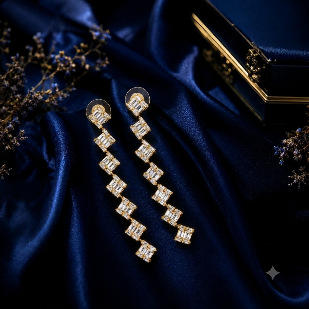 Korean Gold / Silver Plated Square Shaped Baguette Long Earring