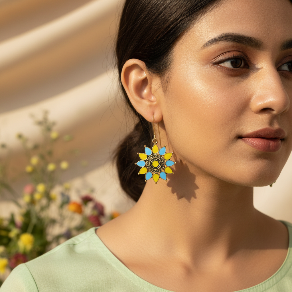 Antique Gold/Silver Plated Dual Coloured Enamel Dangler Earring