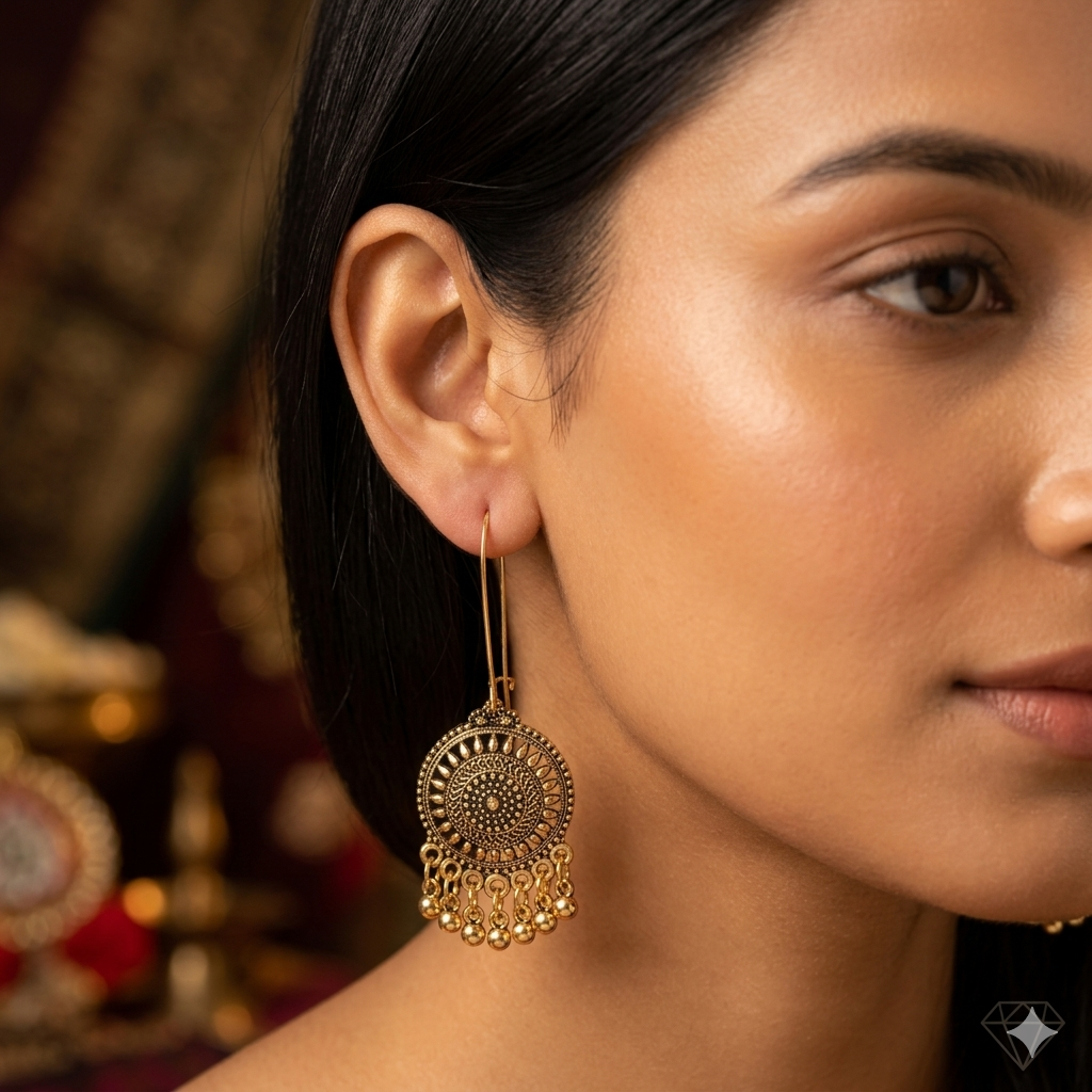 Gold / Silver Plated Long Hook Closure Hanging Floral Designed Artwork With Beads Fashion Antique Earring