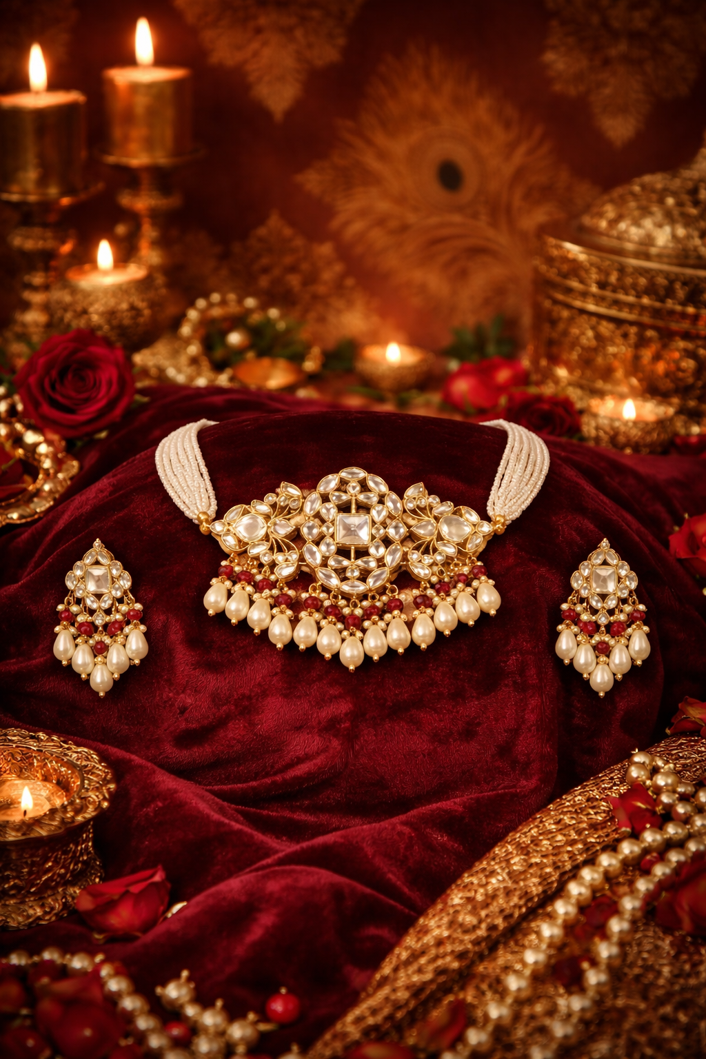 Real PEARL KUNDAN PACHE Necklace Set - Antique Necklace Set