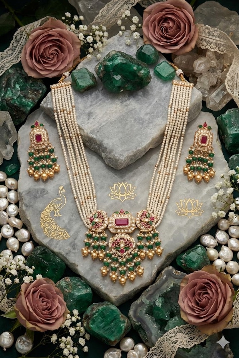 Real PEARL KUNDAN PACHE Necklace Set - Antique Necklace Set