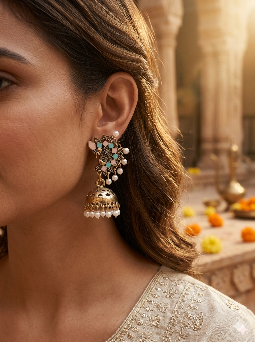 The Mosaic Peacock Jhumkas An Antique Gold/Silver Plated Dual Coloured Enamel Earring