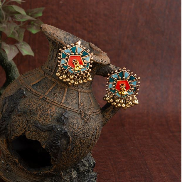Gold Plated Hexagon Shaped Designed With Beads Fashion Antique Earring