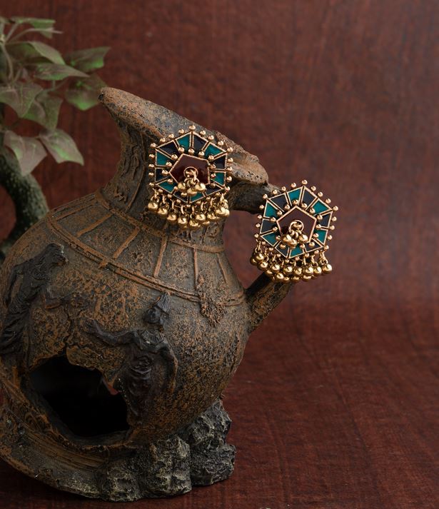Gold Plated Hexagon Shaped Designed With Beads Fashion Antique Earring- AER 1484