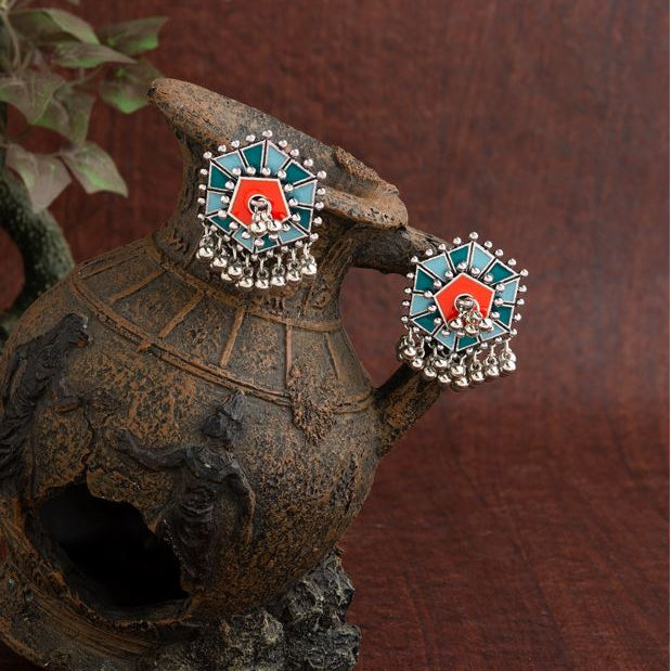 Silver Plated Hexagon Shaped Designed With Beads Fashion Antique Earring