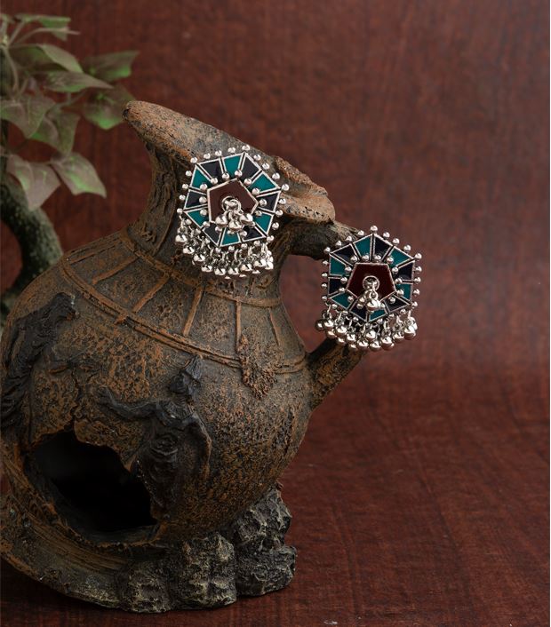 Silver Plated Hexagon Shaped Designed With Beads Fashion Antique Earring- AER 1484A