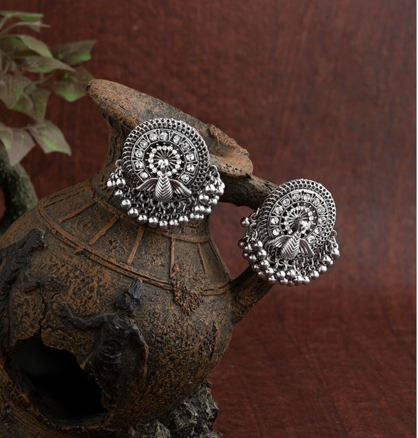 Silver / Gold Plated Stone Studded Peacock Designed With Beads Antique Earring