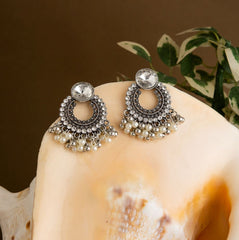 Silver / Gold Plated Stone Studded Design Artwork With Hanging Pearl Fashion Antique Earring- AER 1534