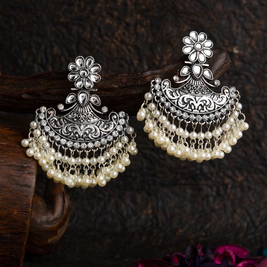Silver / Gold Plated Floral Kundan &amp; Stone Studded Artwork With Hanging Pearl Fashion Antique Earring