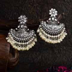 Silver / Gold Plated Floral Kundan &amp; Stone Studded Artwork With Hanging Pearl Fashion Antique Earring- AER 1535