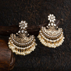 Silver / Gold Plated Floral Kundan &amp; Stone Studded Artwork With Hanging Pearl Fashion Antique Earring- AER 1535