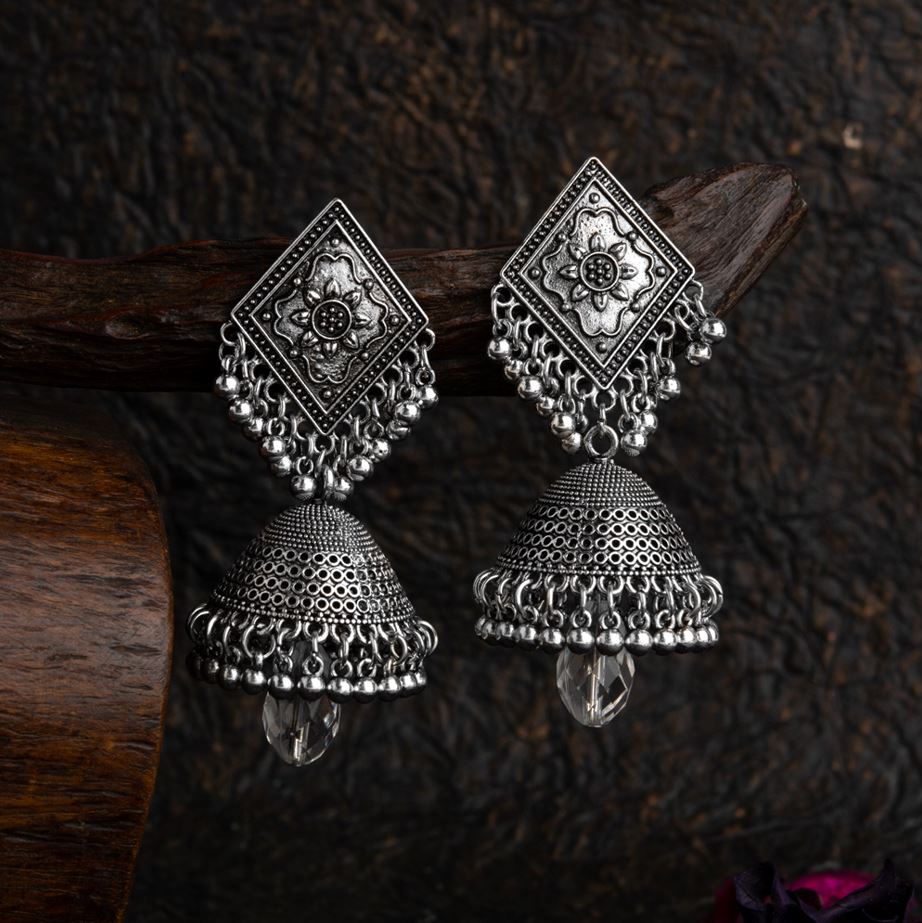 Silver / Gold Plated Rhombus Shaped Design Artwork Fashion Antique Jhumki Earring- AER 1541