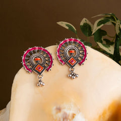 Antique Silver Plated Dual Colored Enamel Artwork Fashion Earring- AER 1560