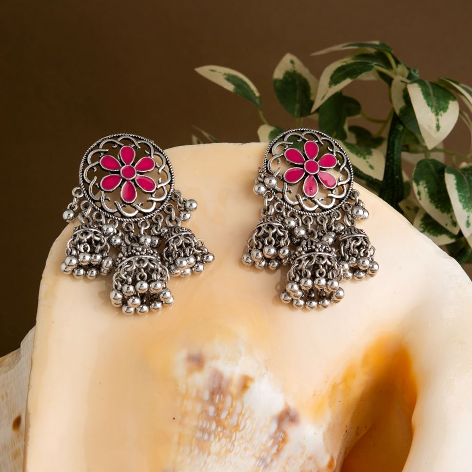 Silver Plated Circle Shaped Floral Enamel Triple Jhumki Fashion Antique Earring