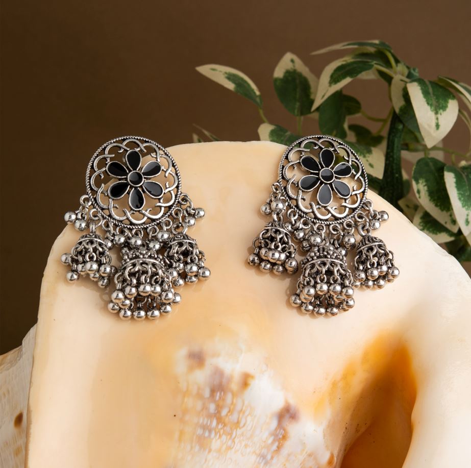 Silver Plated Circle Shaped Floral Enamel Triple Jhumki Fashion Antique Earring- AER 1562