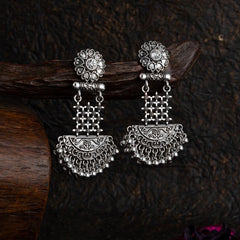 Silver Plated Floral Artwork Design Stone Studded With Beads Fashion Antique Earring- AER 1564
